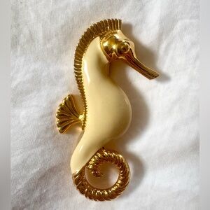 Vintage Signed TRIFARI Gold Tone Sea Horse Brooch With Cream Enamel Belly, 1997